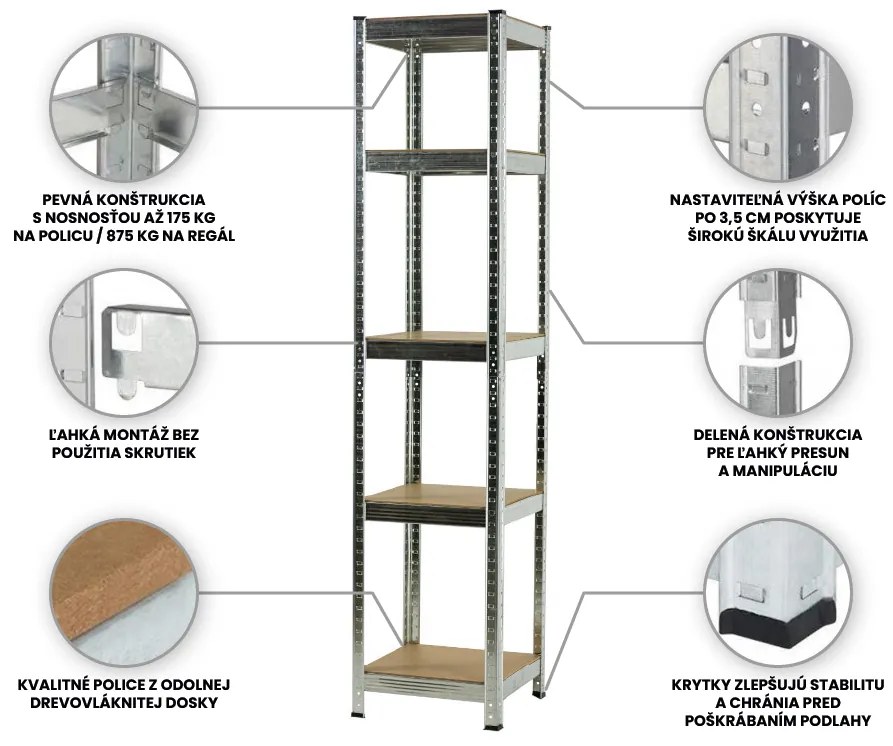 Fistar Regál 1800x400x400 mm kovový zinkovaný  5-policový, nosnosť 875 kg