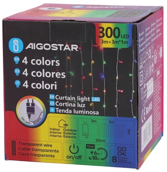 Aigostar - LED RGBY Vonkajší vianočný reťazec 300xLED/6W/230V/8 funkcií 3x1m IP44 + DO