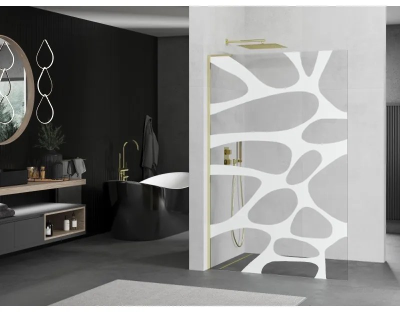 Mexen Kioto L, sprchová zástena Walk-In 100 x 200 cm, 8mm číre sklo biely vzor, zlatý lesklý profil,800-100-103-50-97