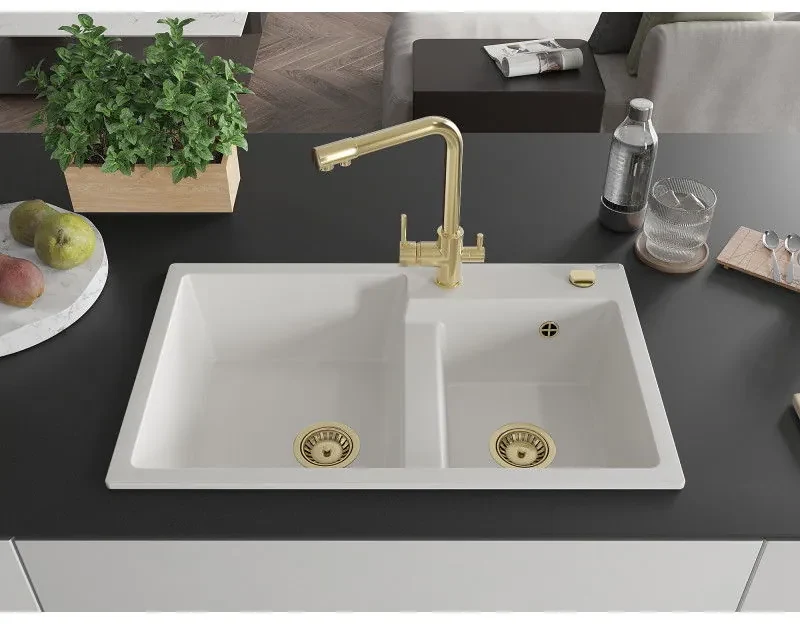 Mexen Tomas, granitový drez 800x500x190 mm, 2-komorový a biela batéria Duero, biela, 6516-20-671600-50