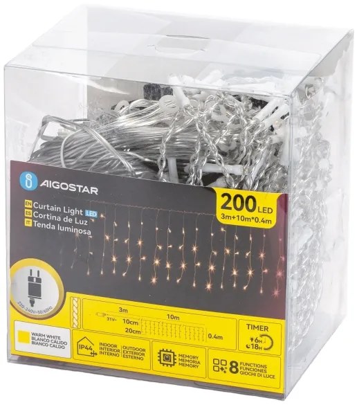 Aigostar - LED vonkajší vianočný reťazec 200xLED/3,6W/230V/8 funkcií 10x0,4m IP44 teplá biela