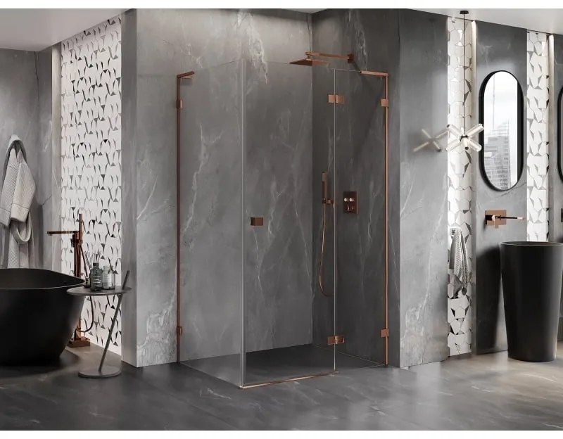 Mexen Lunar, L pravý výklopný sprchový kút 85 x 80 cm, 8mm číre sklo, profil ružové zlato, 834L-085-080-60-00-P