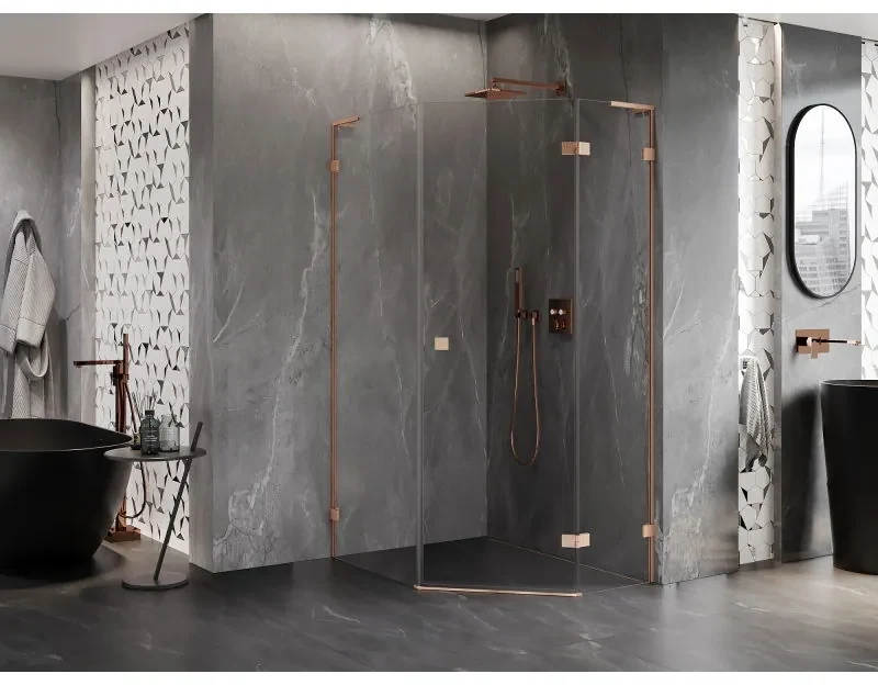 Mexen Lunar, L pravý výklopný päťuholníkový sprchový kút 80 x 100 cm, 8mm číre sklo, profil medená matná, 831L-080P-100L-65-00-P