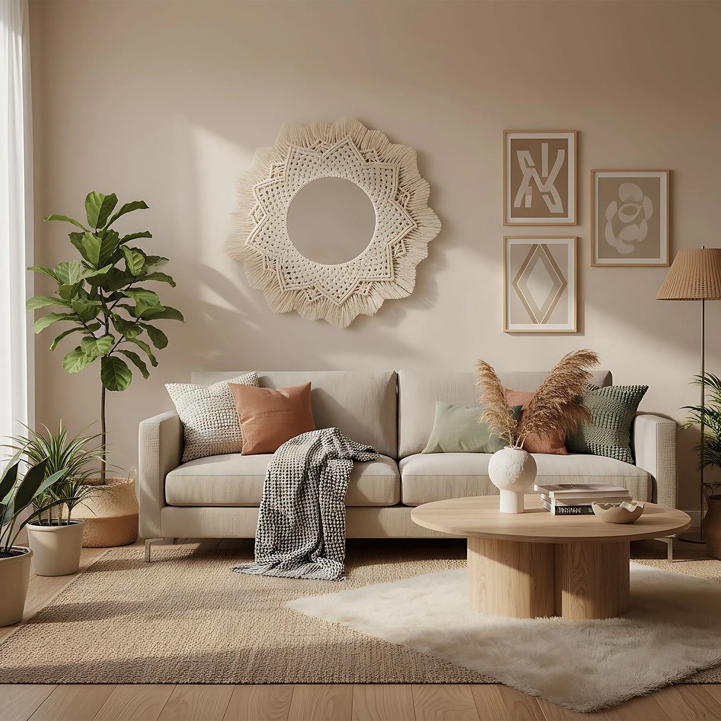 Kulaté nástěnné zrcadlo BOHO 60 cm béžové