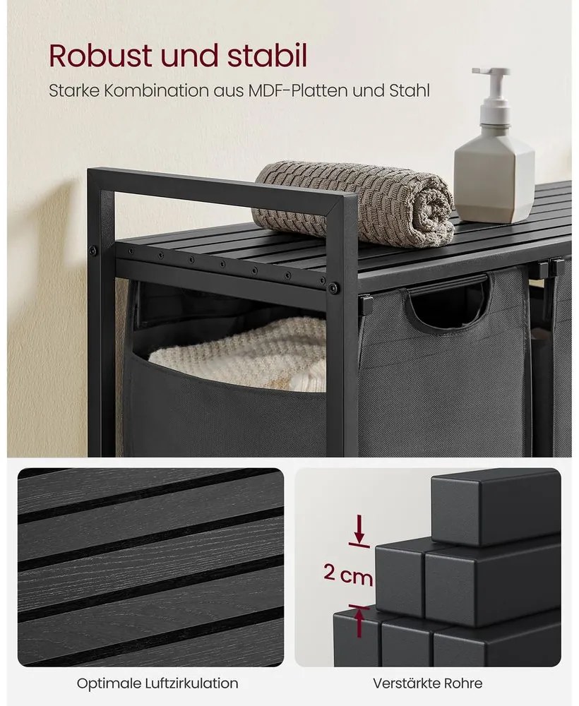 Kôš na bielizeň, 3 výsuvné priehradky, 72x92,5x33cm