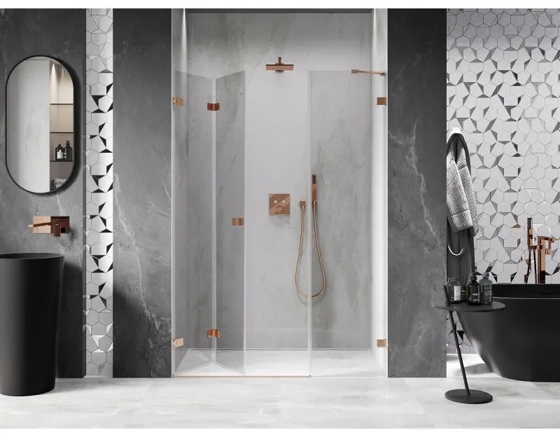 Mexen Lunar-F, skladacie ľavé sprchové dvere 120 cm, 8mm číre sklo, medený matný profil, 836S-120-050-65-00-L