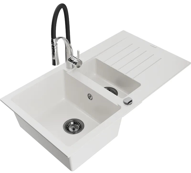 Mexen Matias, granitový drez 900x505x200 mm, 1,5-komorový a drezová batéria Aster, biela, 6502-20-73450-07-B