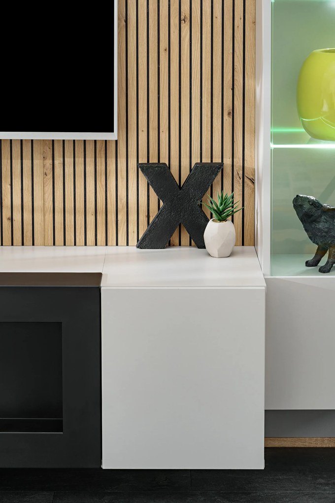 Obývacia stena Xavus L-K (perla grey + dub artisan)(s osvetlením) (s bio krbom). Akcia -8%. Vlastná spoľahlivá doprava až k Vám domov. 1118833