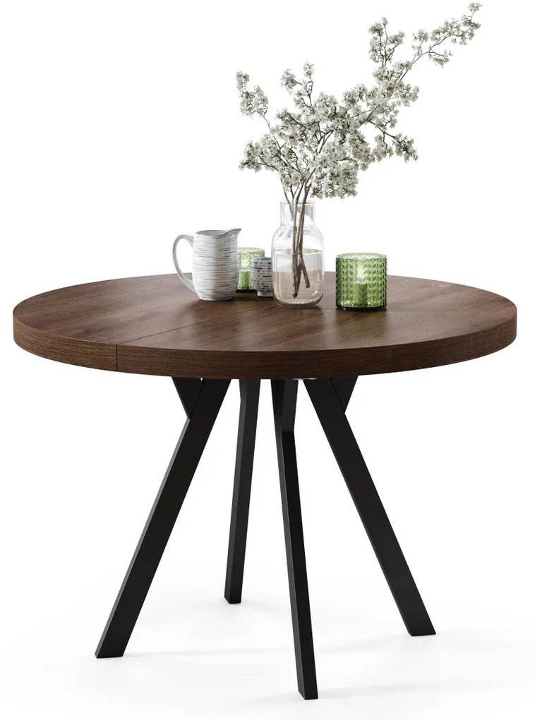 EXPANSO Dub Hnedý / čierne nohy - VEĽKÝ OKRÚHLY STÔL Ø110 ROZKLADACÍ AŽ DO 310 cm S NOHAMI Y LOFTOVÝ / INDUSTRIÁLNY