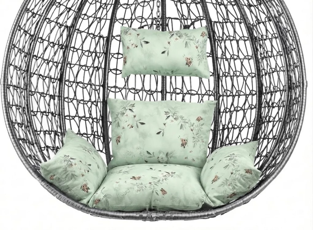 Sivé závesné kreslo KOKON so stojanom, svetlozelený vankúš so vzorom