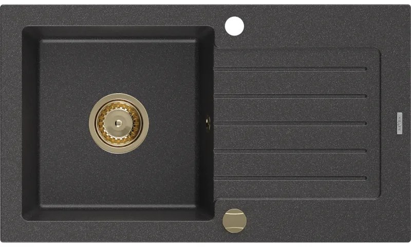 Mexen Pablo, granitový drez 752x436x161 mm, 1-komorový, čierna škvrnitá so zlatým sifónom, 6510751010-76-G