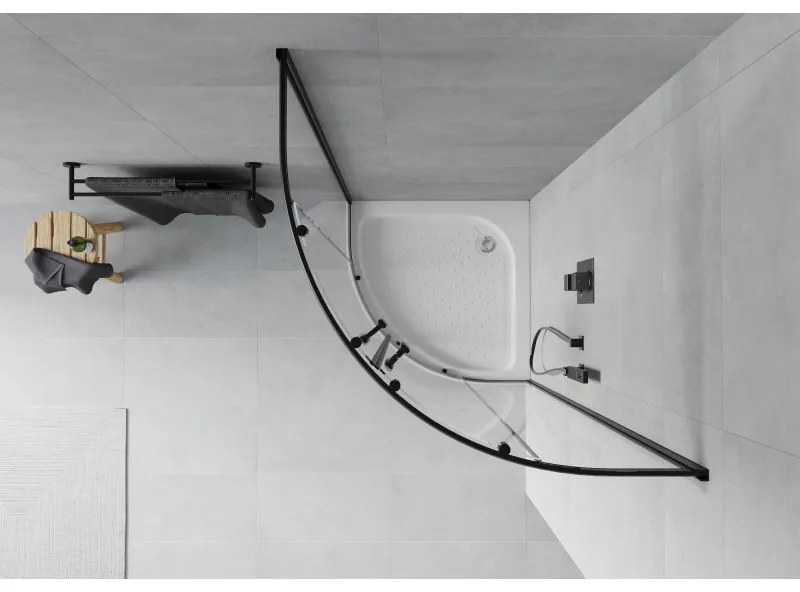 Mexen Rio, štvrťkruhový sprchovací kút s posuvnými dverami 90 x 90 cm, 6mm číre sklo, čierny profil + biela vysoká sprchová vanička Rio, 863-090-090-70-00-4710