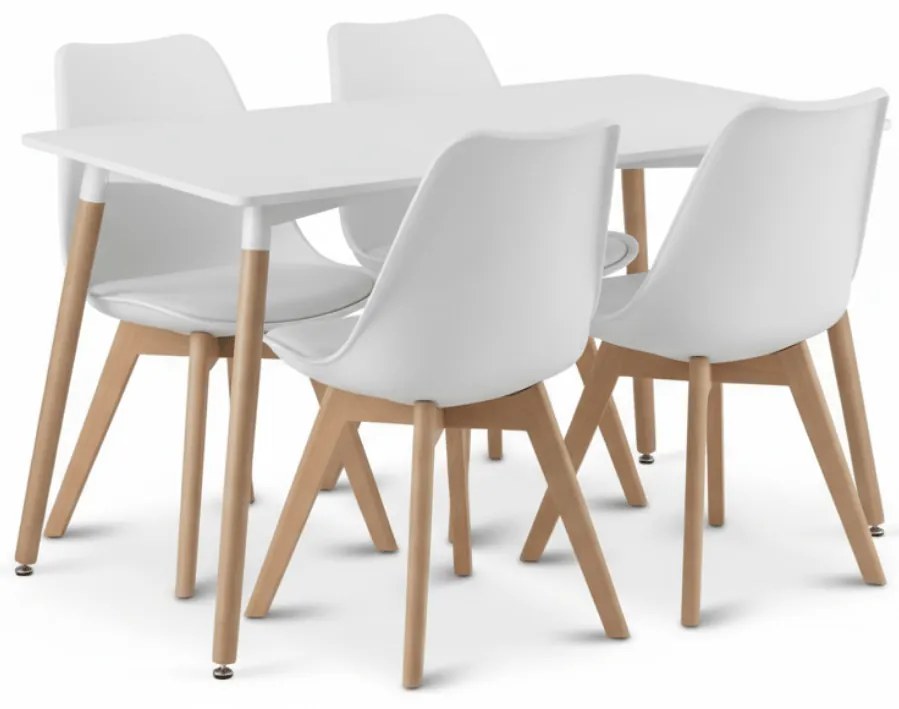 Jedálenský set 1 + 4, biely stôl ADRIA 120x80 cm + biela stolička BALI MARK s bukovými nohami