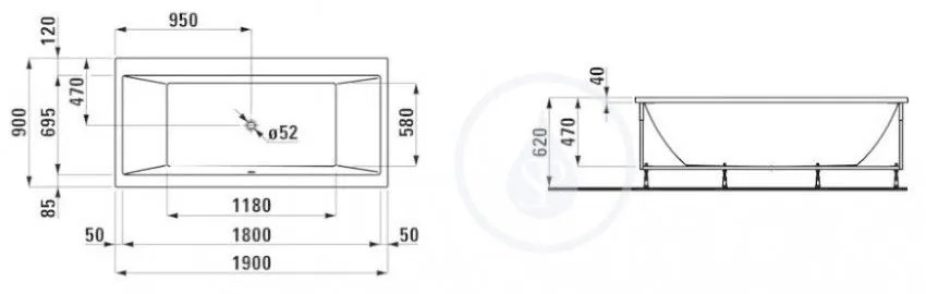 LAUFEN Pro Vaňa s konštrukciou, 1900 mm x 900 mm, biela H2349510000001