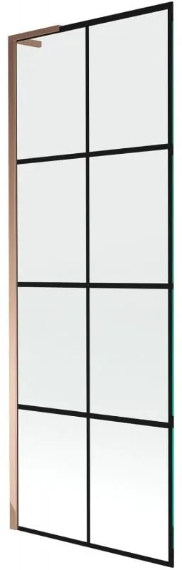 Mexen Next L, 1-krídlová vaňová zástena 70 x 150 cm, 6mm číre sklo-čierny vzor, ružové zlato profil, 895-070-000-03-77-60