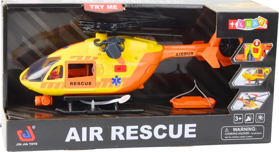 LEAN Toys Záchranný vrtuľník s hákom a nosidlami, svetlá a zvuky, oranžový 1:12