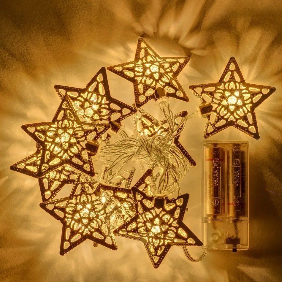 DECOLED LED světelný řetěz na baterie, kovové hvězdy, teple bílá, 10 diod, 1,3 m