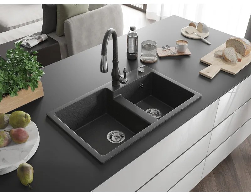 Mexen Tomas, granitový drez 800x500x190 mm, 2-komorový a drezová batéria Savita, čierna škvrnitá, 6516-76-672601-76