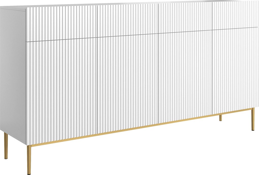 Biela štvordverová komoda Nicole 200 cm so zásuvkami s ryhovaným čelom - biely mat / zlaté nožičky