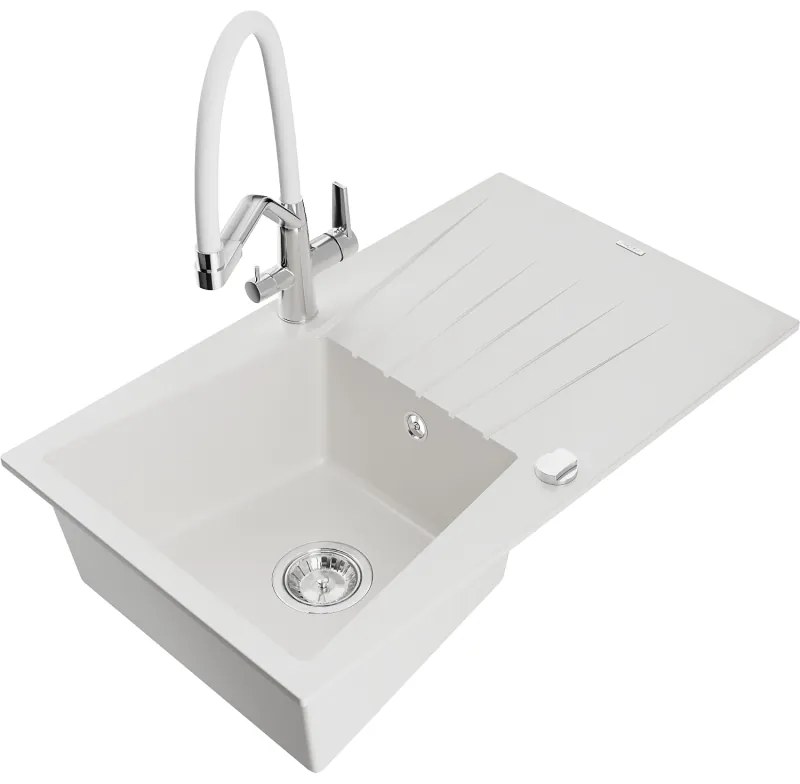 Mexen Cesar, 1-komorový granitový drez 775x470x190 mm a drezová batéria Duo, biela, 6514-20-671701-02