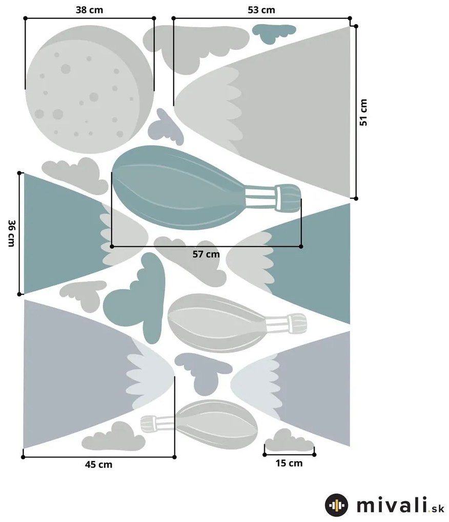 Samolepky na stenu - Šedo-modré balóny nad kopcami