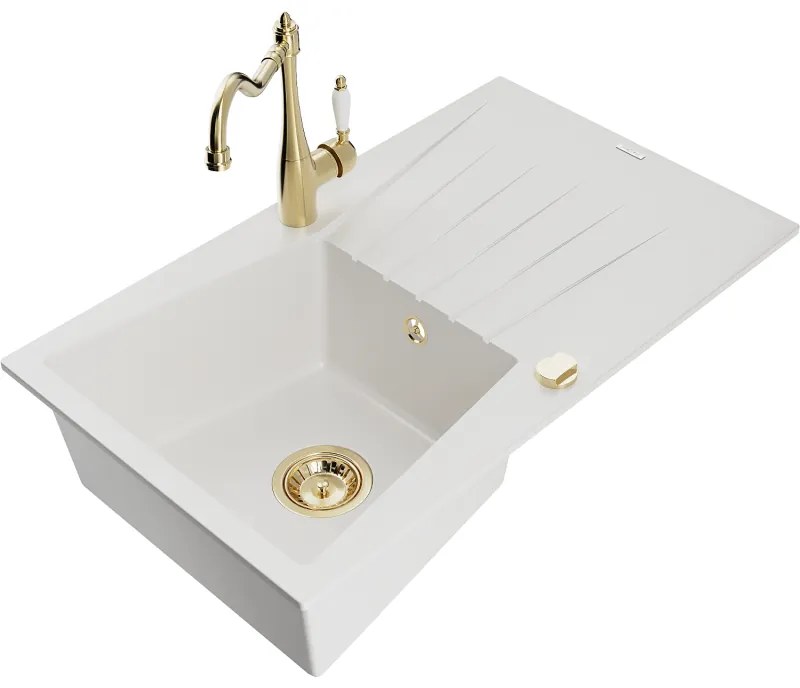 Mexen Cesar, 1-komorový granitový drez 775x470x190 mm a drezová batéria Carla, biela, 6514-20-670700-50