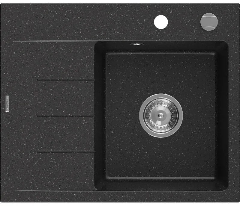 Mexen Ben, 1-komorový granitový drez 600x500x190 mm, pravý + chrómový sifón, čierna-strieborná metalíza, 6523605000-73