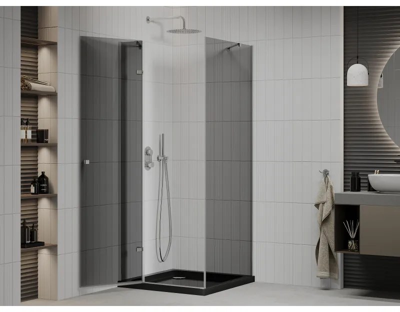 Mexen Roma, sprchový kút s krídlovými dverami 90 (dvere) x 90 (stena) cm, 6mm šedé sklo, chrómový profil + slim sprchová vanička čierna + chrómový sifón, 854-090-090-01-40-4070