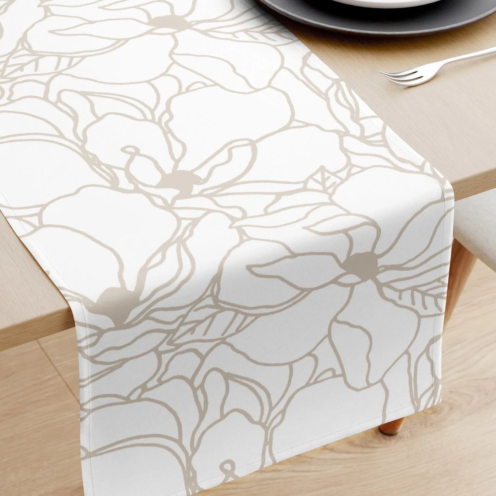 Goldea behúň na stôl 100% bavlnené plátno - svetlo béžové kvety na bielom 20x160 cm
