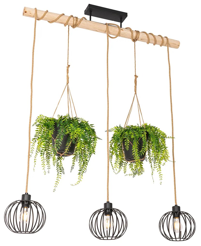 Rustikálne závesné svietidlo čierne s drevom 3-svetlo - Yura