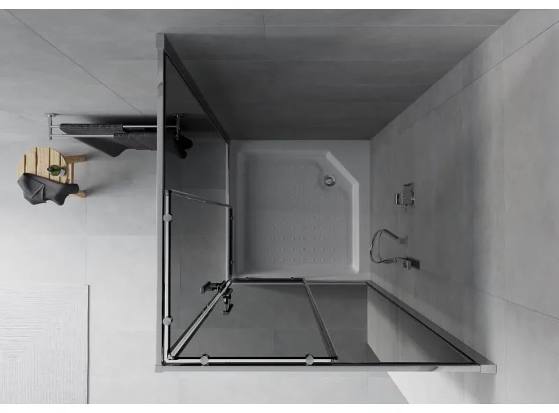 Mexen Rio, štvorcový sprchovací kút s posuvnými dverami 90 x 90 cm, 6mm šedé sklo, chrómový profil + biela vysoká vanička Rio, 860-090-090-01-40-4510