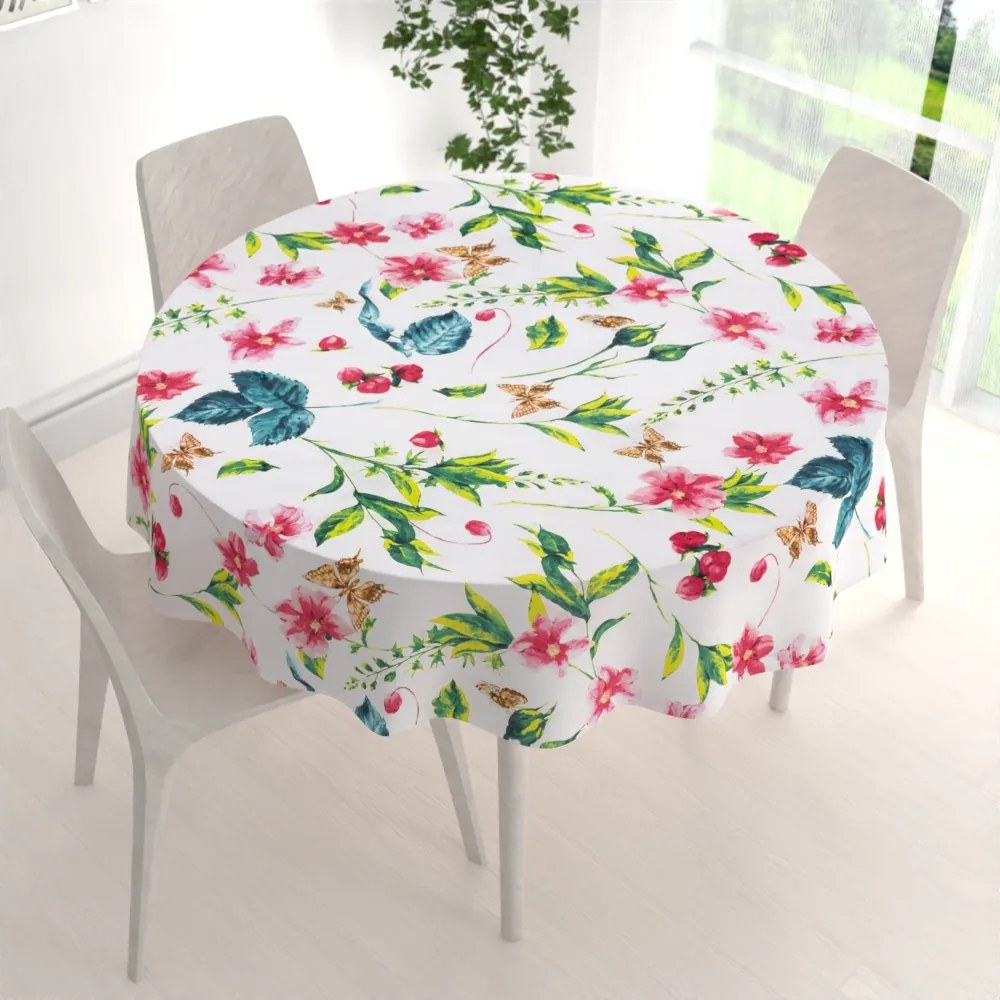 Biante Bavlnený okrúhly obrus Sandra SA-383 Ružovočervené kvety s motýlikmi Ø 70 cm