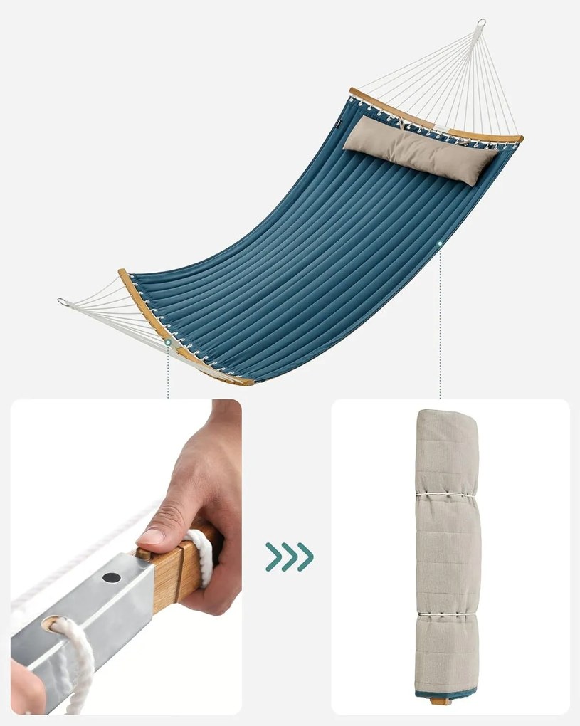 Dvojitá polstrovaná hojdacia sieť s odnímateľnými bambusovými tyčami s vankúšom, modrá