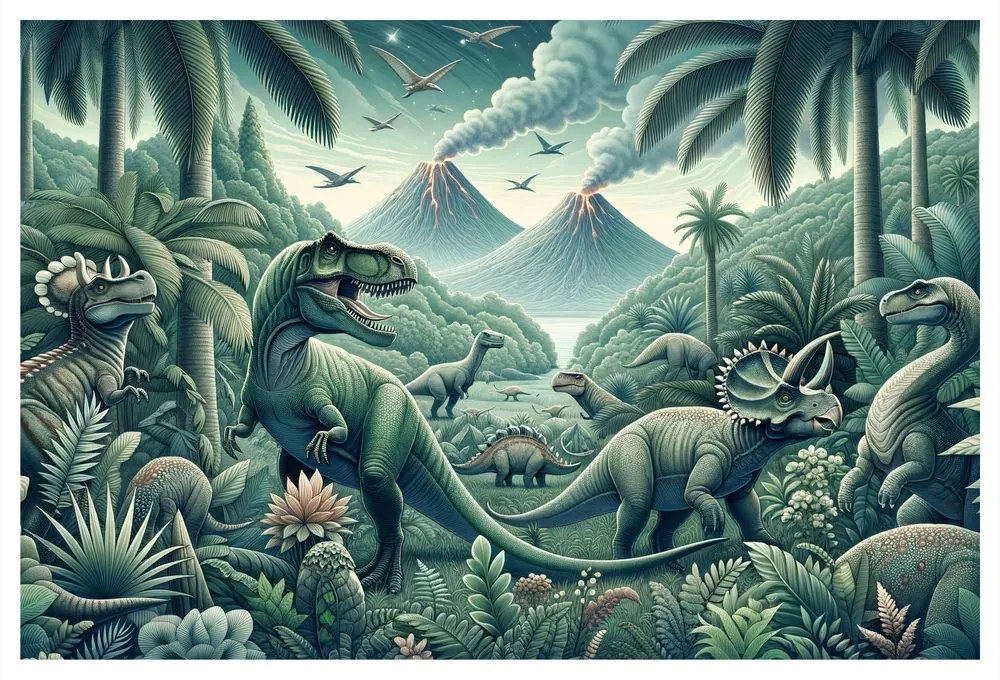 Obraz dinosaury v pralesnej krajine so sopkami