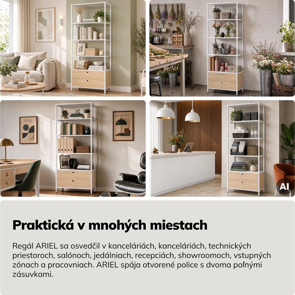 Regál so zásuvkami do kancelárie, na šanóny a dokumenty, otvorené police, kovový, biely/dub sonoma, 800x2200x400 mm: ARIEL Eco Design