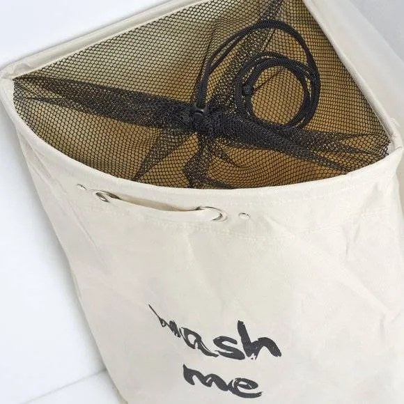 Textilný rohový kôš na špinavú bielizeň, uzatvárateľný, 50 l, krémový s nápisom WASH ME
