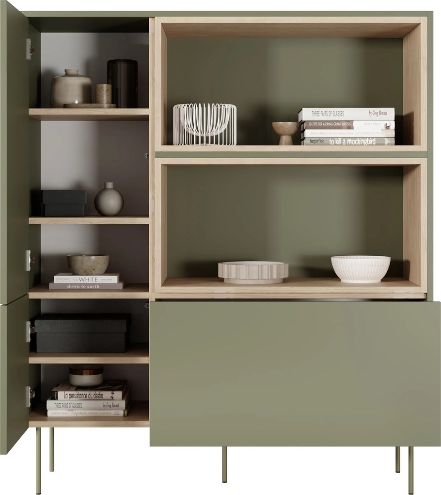 Vysoká komoda Desin 120 cm s dvoma dverami a zásuvkou - olivový / dub nagano