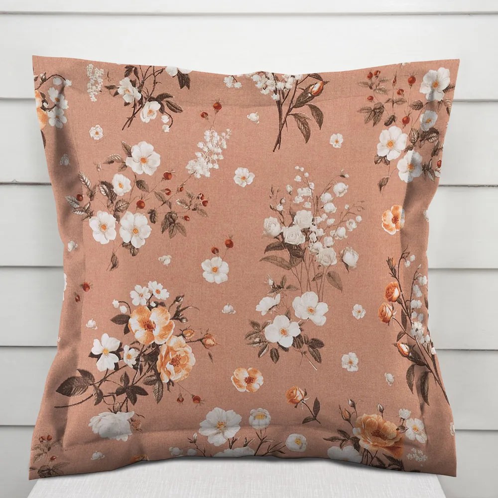 Biante Bavlnená obliečka na vankúš s lemom Sandra SA-738 Ruže a konvalinky na hnedoružovom 45 x 45 cm