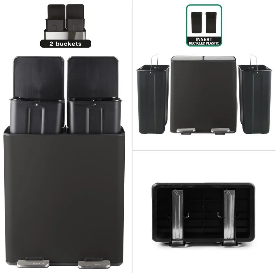 Matne čierny oceľový odpadkový kôš 2x20 l na triedený odpad/nášľapný Aliya – Spirella