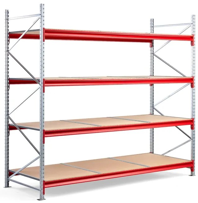 Skladový regál TOUGH, základná sekcia, 2500x2800x1000 mm, 4 drevené police