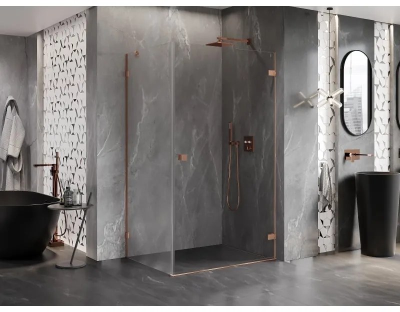 Mexen Lunar-B, pravostranný výklopný sprchový kút 90 x 70 cm, 8mm číre sklo, profil medená matná, 832-090-070-65-00-P