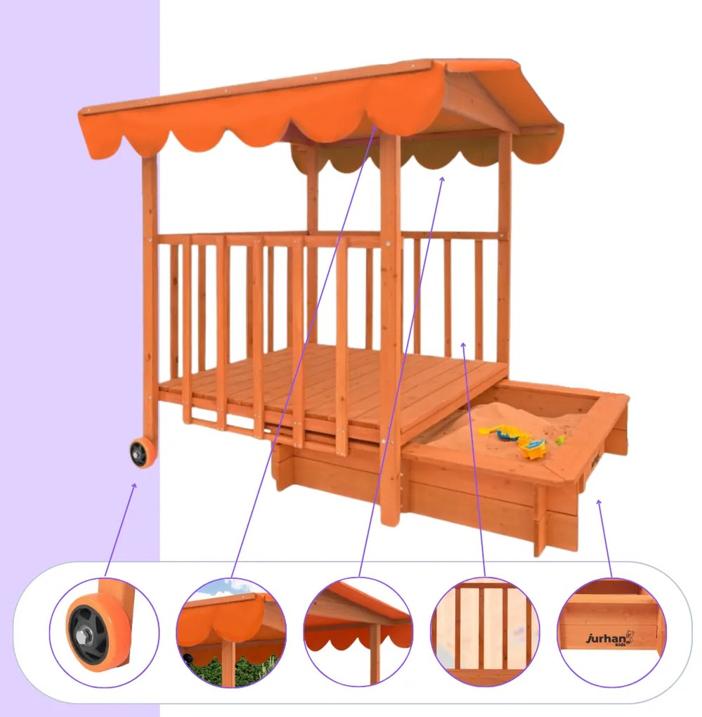 Pieskovisko s verandou HAPPY, 130x130x143cm, hnedá/oranžová Jurhan