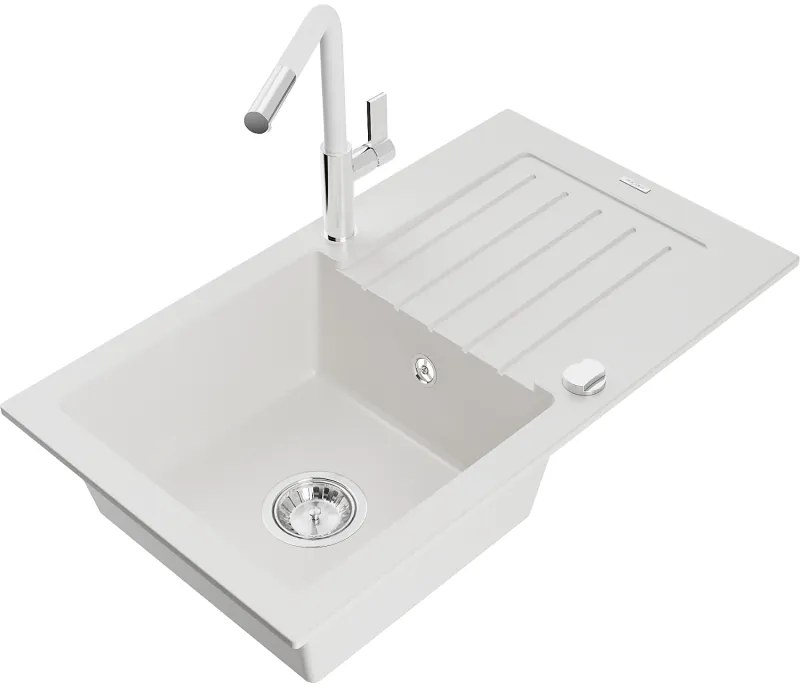 Mexen Pablo, 1-komorový granitový drez 752x436x161 mm a drezová batéria Flora, biela, 6510-20-670401-02