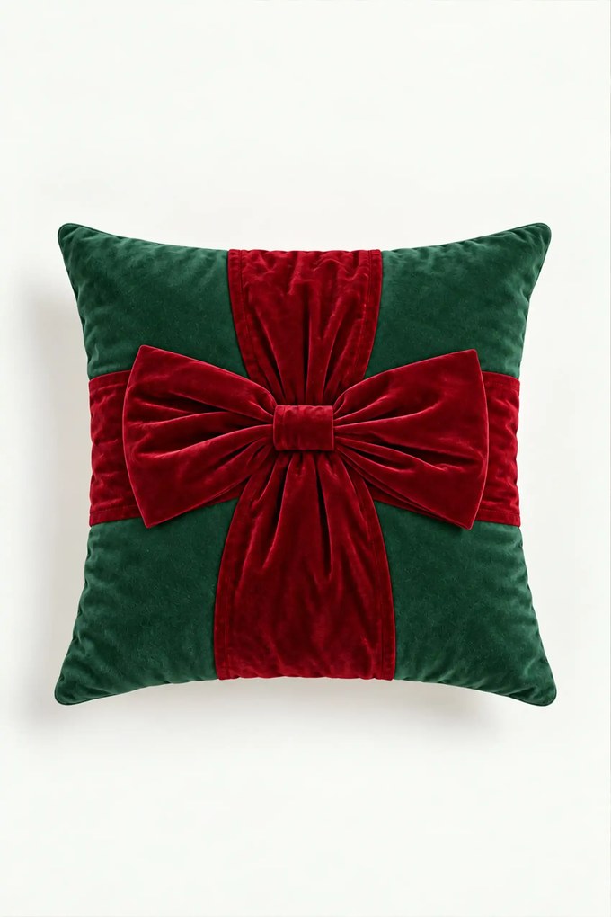 Velúrová obliečka na vankúš CHRISTMAS BOW zelená 45x45 cm