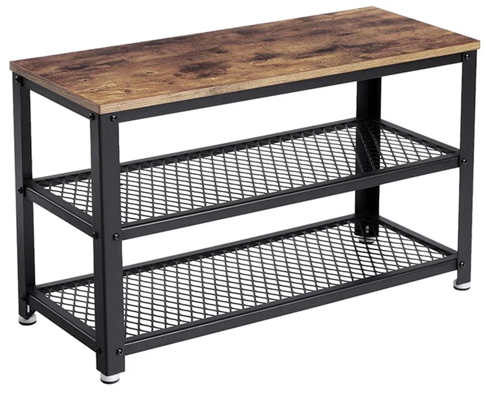 Lavica na topánky s 2 policami, botník s kovovým rámom, rustikálny hnedý