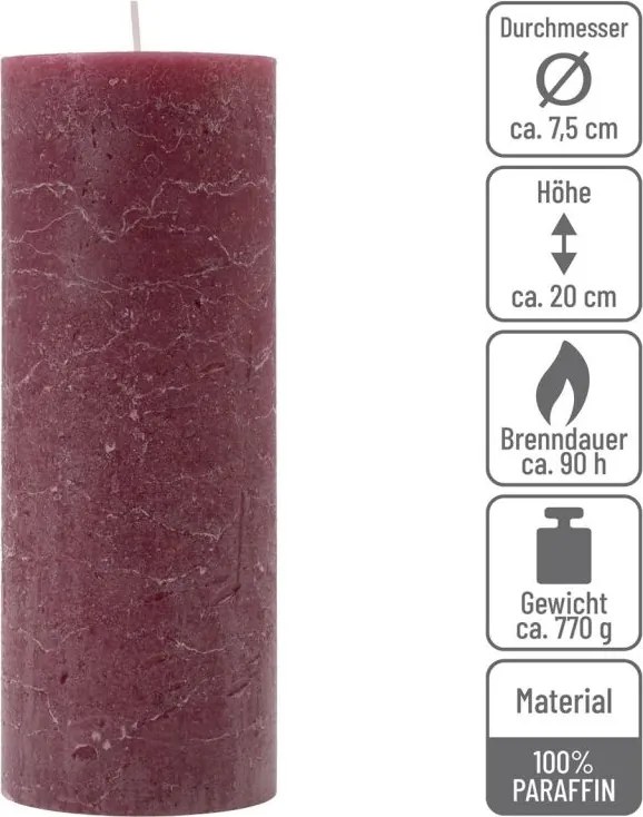 Bordó parafínová sviečka rustikálna 20 cm, 90 h, sada 2 ks