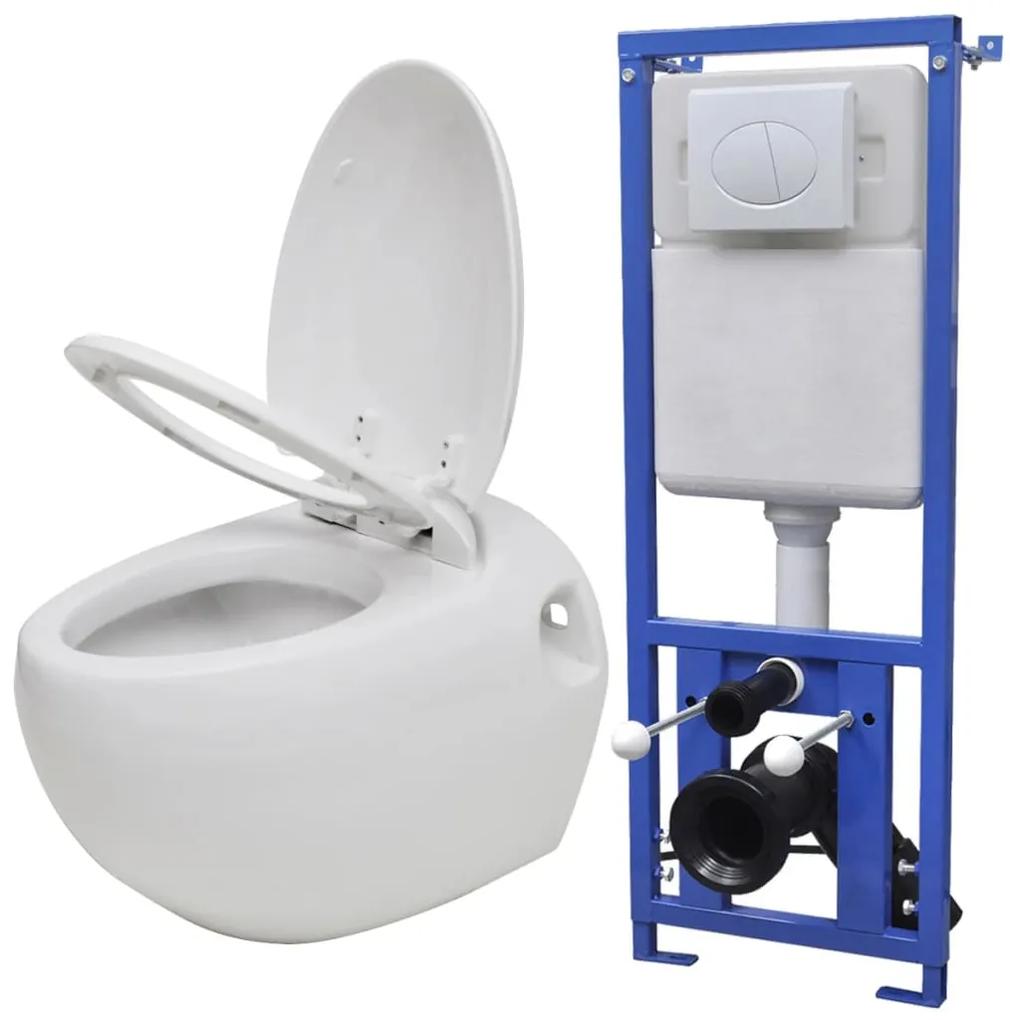 vidaXL Keramické závesné WC v tvare vajca s podomietkovou nádržou, biele