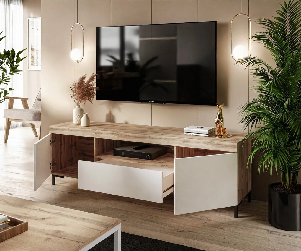 TV STOLÍK LUNGO DUB WOTAN BIELA NA NOŽIČKÁCH 170 cm