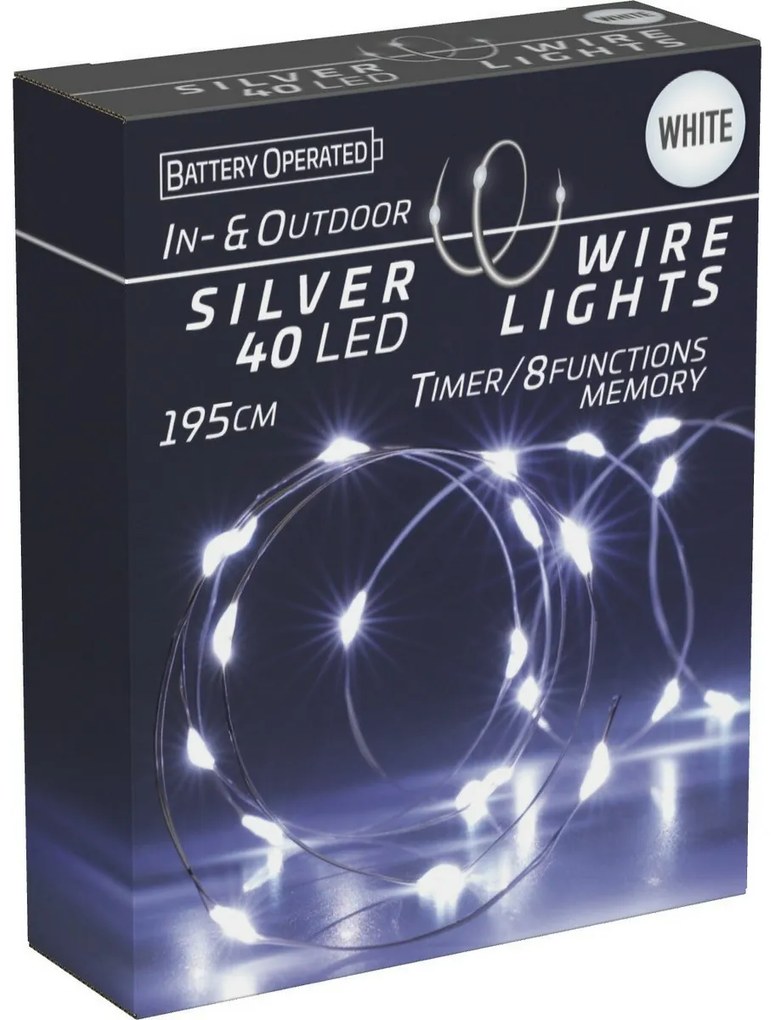 Svetelný drôt s časovačom Silver lights 40 LED, studená biela, 195 cm