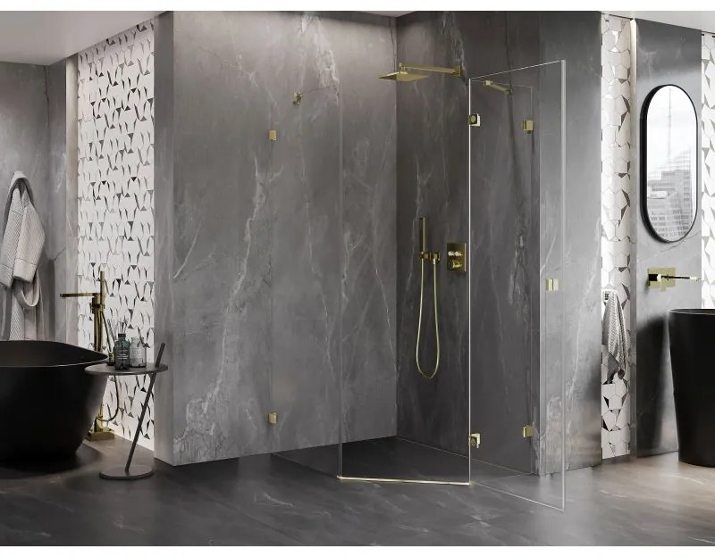 Mexen Lunar, výklopný päťuholníkový sprchový kút pravý 90 x 100 cm, 8mm číre sklo, zlatý profil, 831-090P-100L-50-00-P